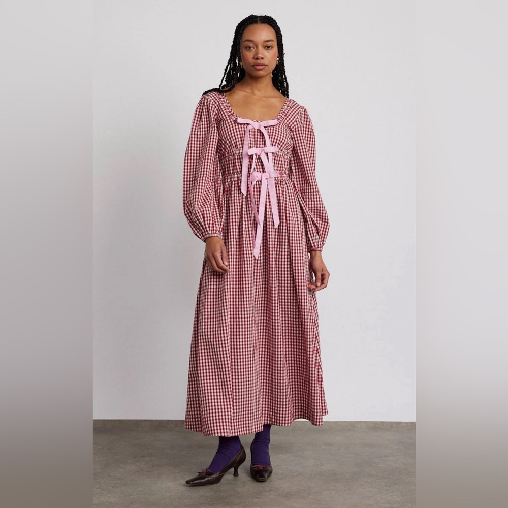 EUC Damson Madder Dakota Bow Midi Dress Red Gingham